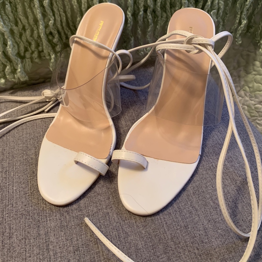 White clear heel ankle tie sandal